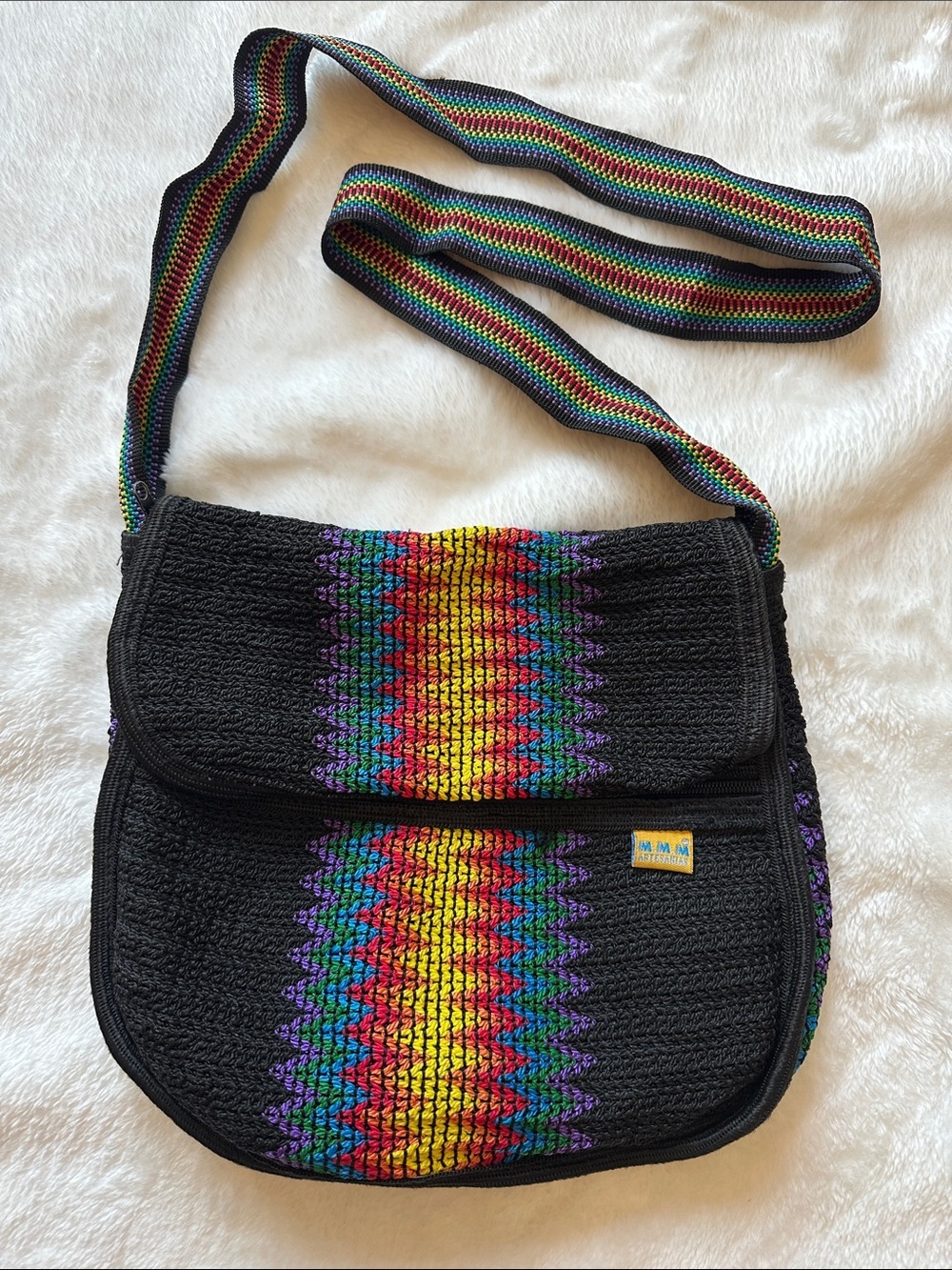 M.M.M ARTESANIAS Handwoven Black Crossbody Bag with Rainbow Stripe Boho Summer 🌈